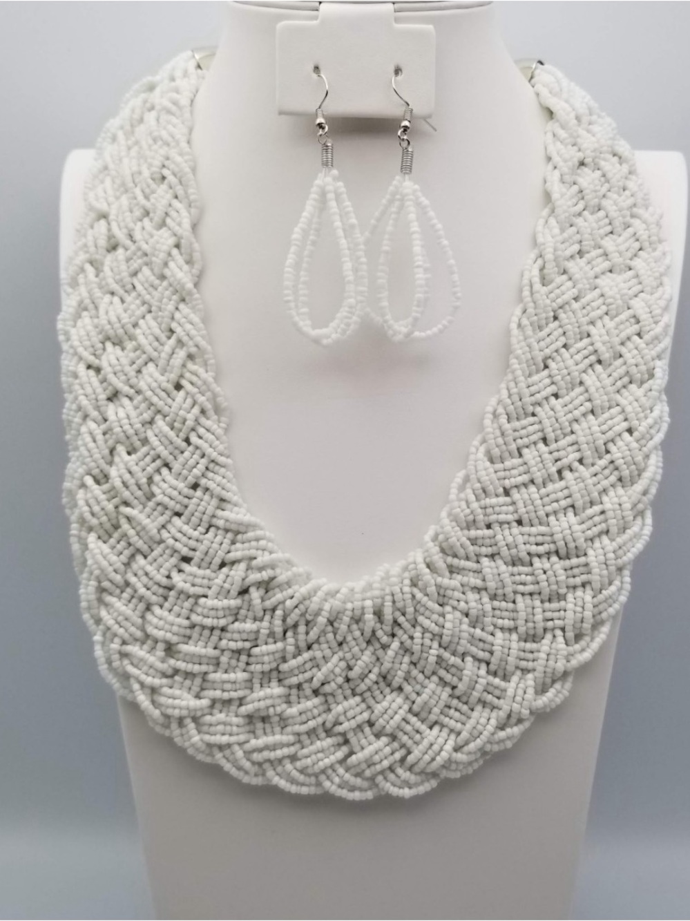 White Beaded Braided Bib Necklace with Matching Earrings